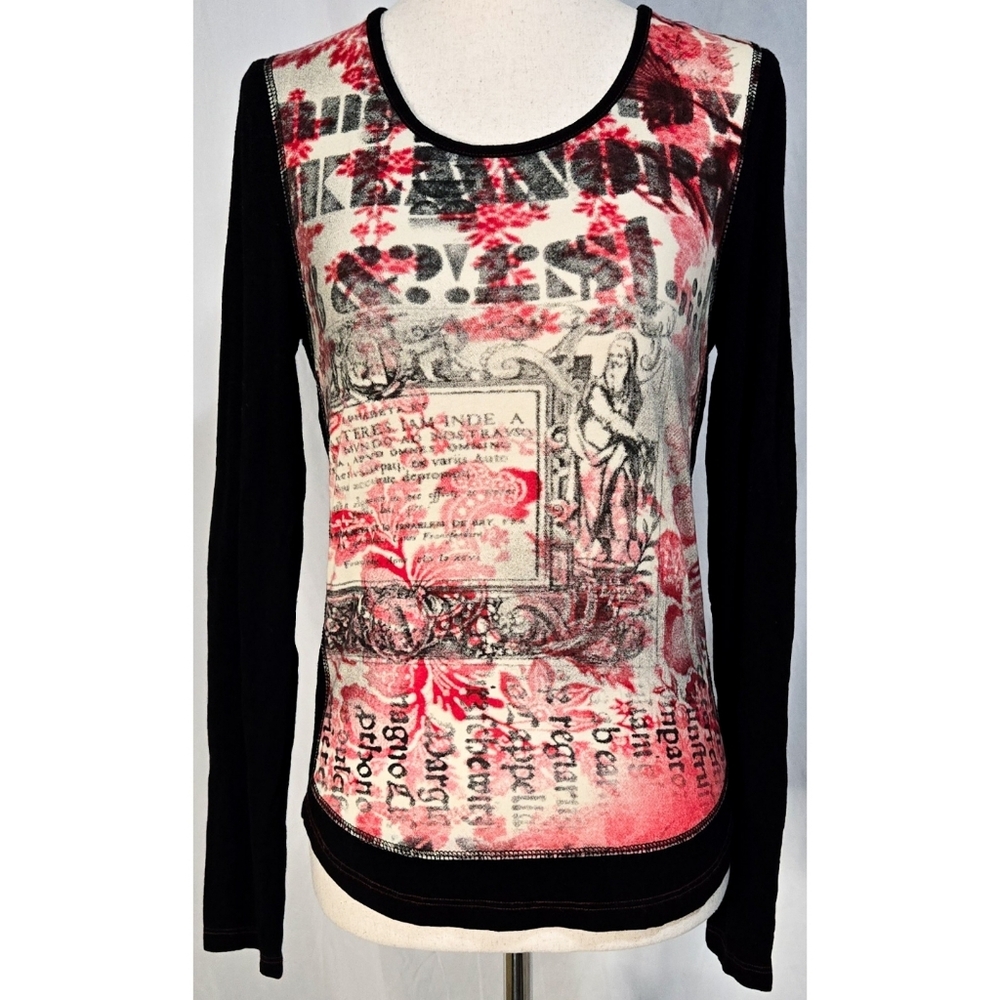 Vintage Y2K Fred Sabatier Long Sleeve Graphic Tee Top Black Red Beige Whimsigoth